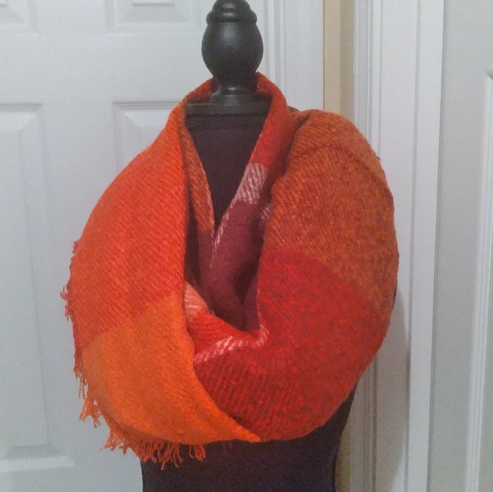 Chunky Cozy Soft‎ Orange Burgundy Rust Plaid Infinity Scarf